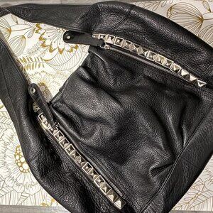 B. Makowsky - Large Black Leather Shoulder Bag with Pyramid Studs